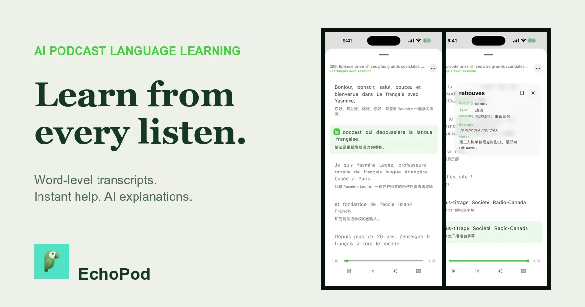 EchoPod transcript player with active-word highlighting and the word-help panel open